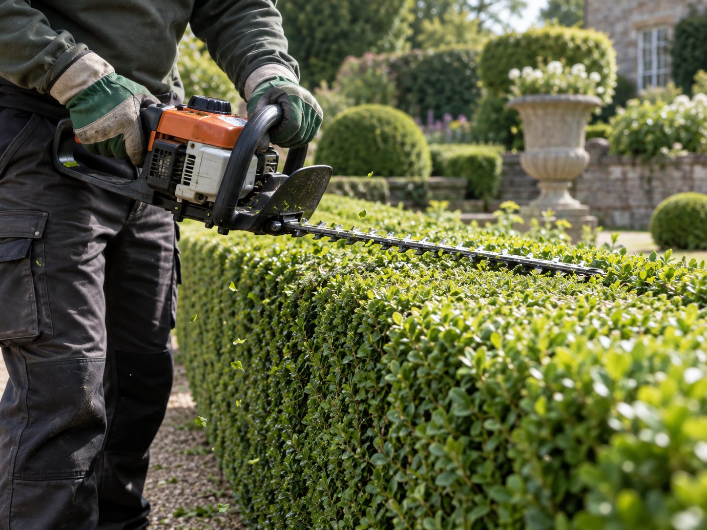 Neatly trimmed formal hedge with crisp clean lines