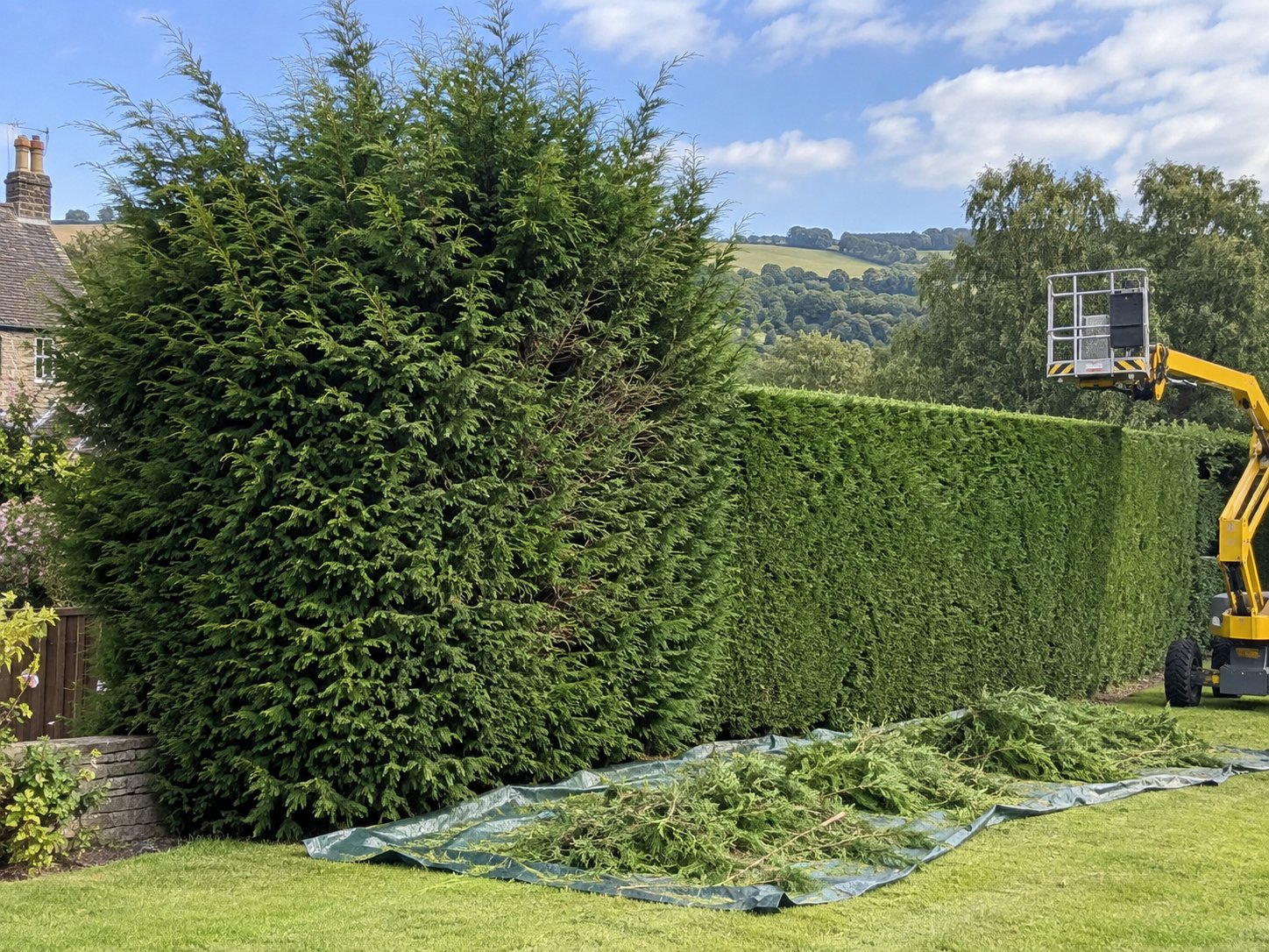 Overgrown hedge being reduced back to a manageable height