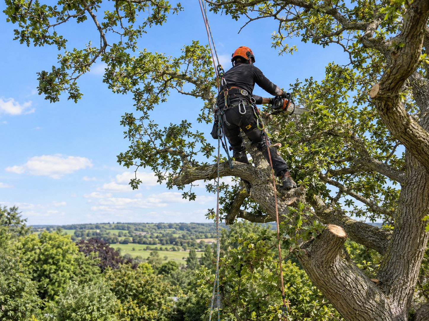 Arborist carrying out crown reduction on a mature tree